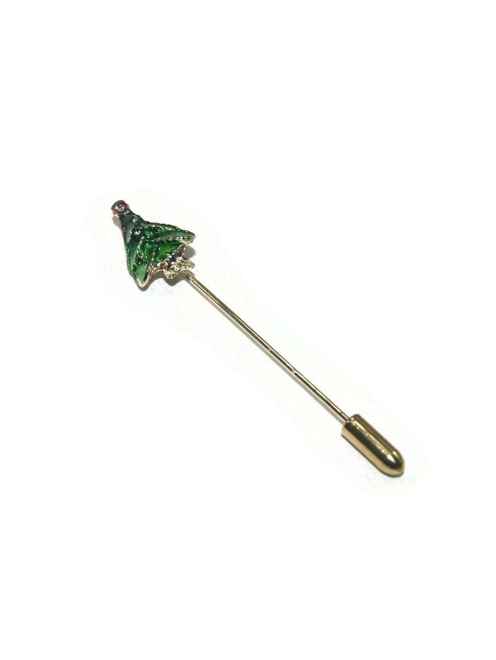 Vintage Gold Tone and Green Enamel Christmas Tree Stick Pin, Hat Pin.